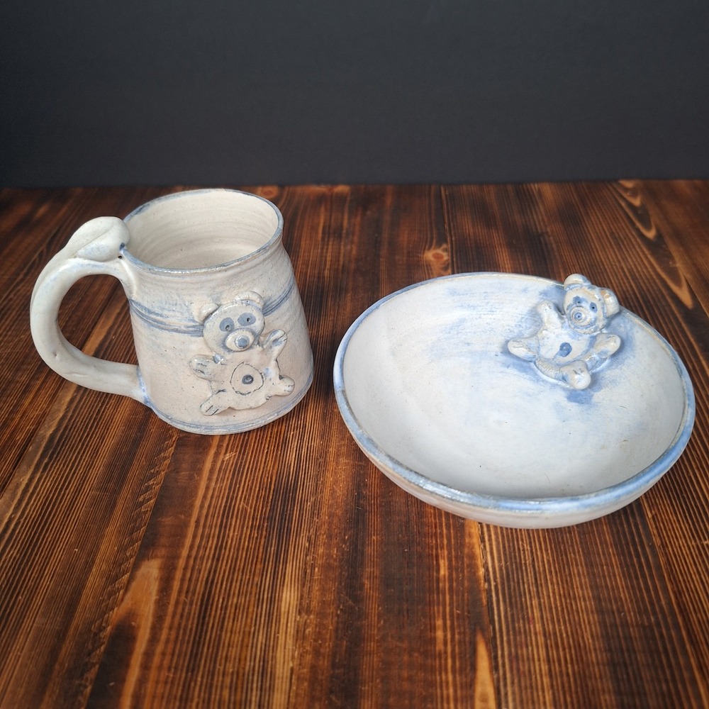 Studio Pottery Teddy Bear Mug & Bowl Set Signed Whimsical Blue Cream 2pc